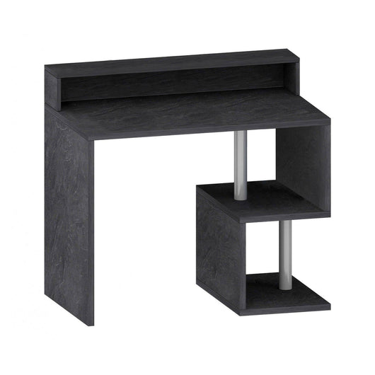 Scrivania Giusy, Scrittoio lineare con ripiani portaoggetti e luci LED, Scrivania ufficio multiuso con sopralzo, 100x50h93 cm, Ardesia