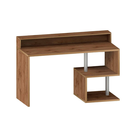 Scrivania Yemyin, Scrittoio lineare con ripiani portaoggetti e luci LED, Scrivania ufficio multiuso con sopralzo, 140x60h93 cm, Rovere