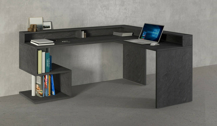 Scrivania Adelma, Scrittoio angolare con ripiani portaoggetti e luci LED, Scrivania ufficio multiuso con sopralzo, 180x60h93 cm, Ardesia