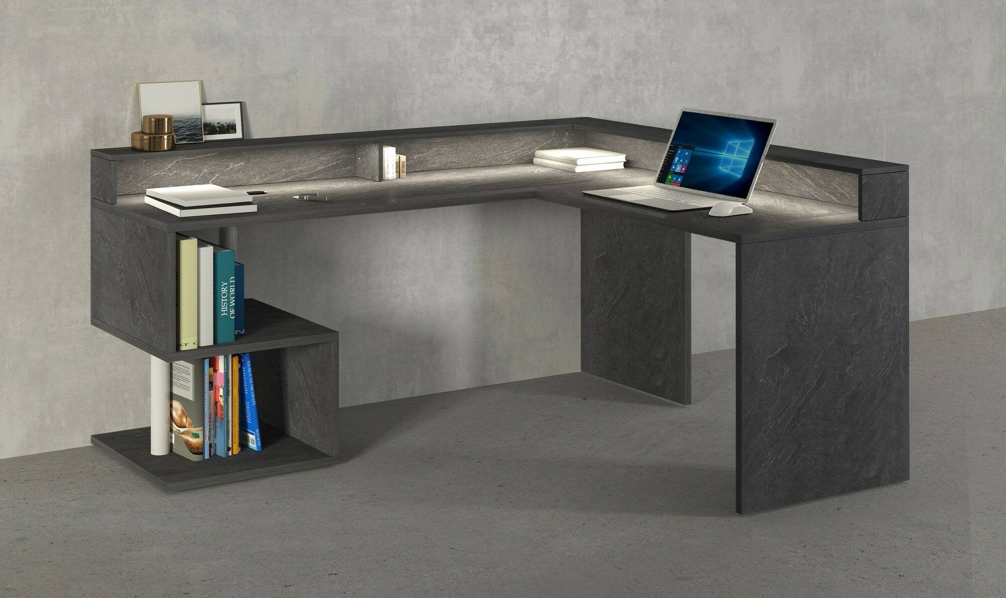 Scrivania Adelma, Scrittoio angolare con ripiani portaoggetti e luci LED, Scrivania ufficio multiuso con sopralzo, 180x60h93 cm, Ardesia