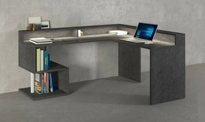 Scrivania Adelma, Scrittoio angolare con ripiani portaoggetti e luci LED, Scrivania ufficio multiuso con sopralzo, 180x60h93 cm, Ardesia