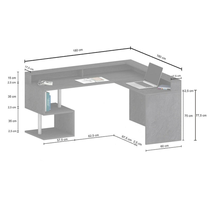 Scrivania Adelma, Scrittoio angolare con ripiani portaoggetti e luci LED, Scrivania ufficio multiuso con sopralzo, 180x60h93 cm, Ardesia