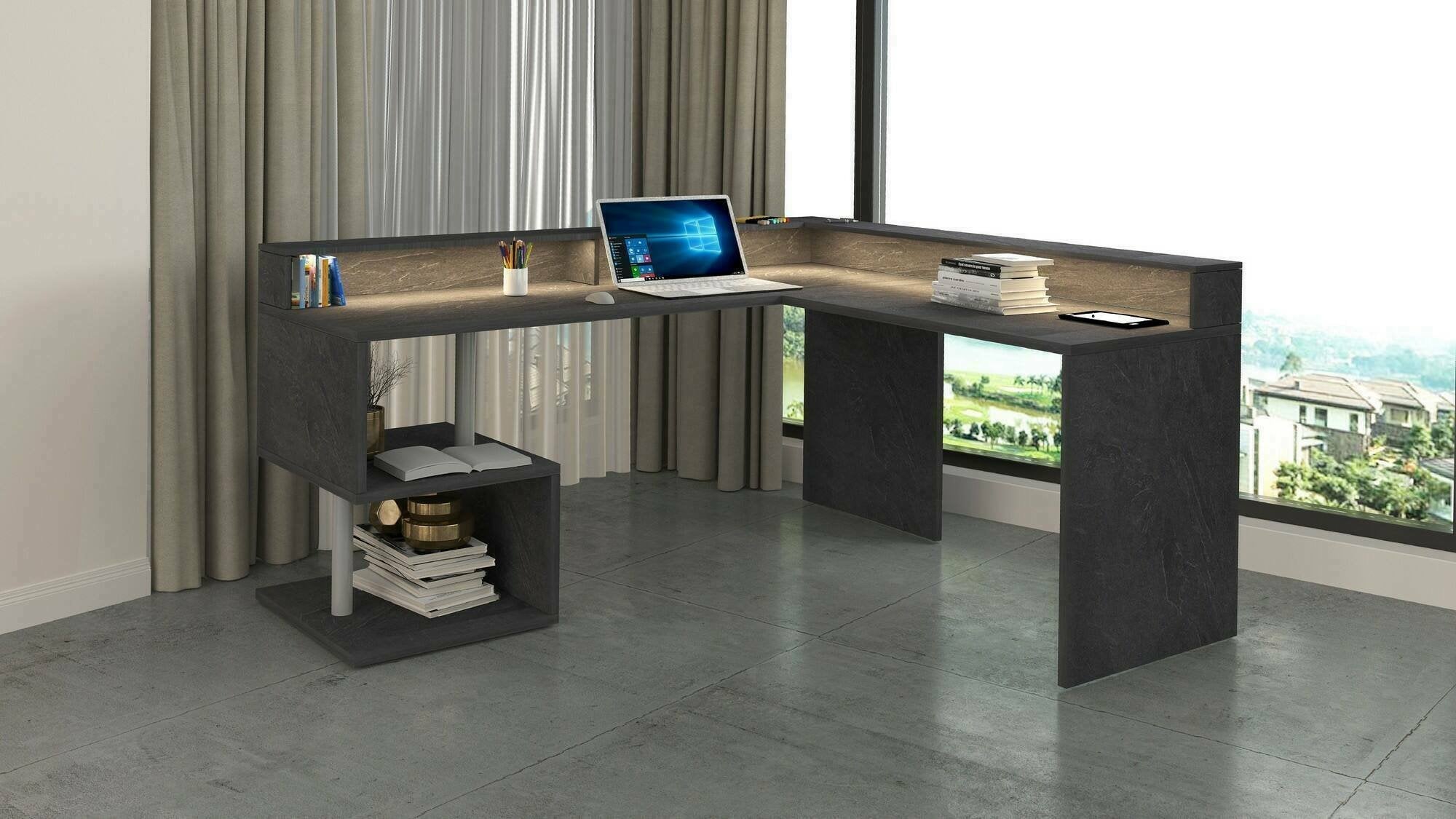 Scrivania Adelma, Scrittoio angolare con ripiani portaoggetti e luci LED, Scrivania ufficio multiuso con sopralzo, 180x60h93 cm, Ardesia