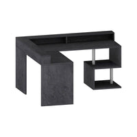 Scrivania Adelma, Scrittoio angolare con ripiani portaoggetti e luci LED, Scrivania ufficio multiuso con sopralzo, 180x60h93 cm, Ardesia