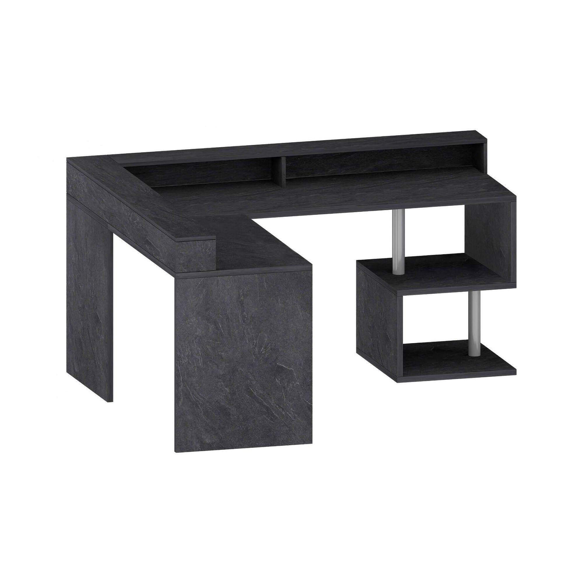 Scrivania Adelma, Scrittoio angolare con ripiani portaoggetti e luci LED, Scrivania ufficio multiuso con sopralzo, 180x60h93 cm, Ardesia