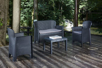 Salottino da esterno Debois, Set da giardino con 2 poltrone, 1 divano ed 1 tavolino, Salottino effetto rattan con cuscini, 100% Made in Italy, Antracite