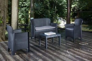 Salottino da esterno Debois, Set da giardino con 2 poltrone, 1 divano ed 1 tavolino, Salottino effetto rattan con cuscini, 100% Made in Italy, Antracite