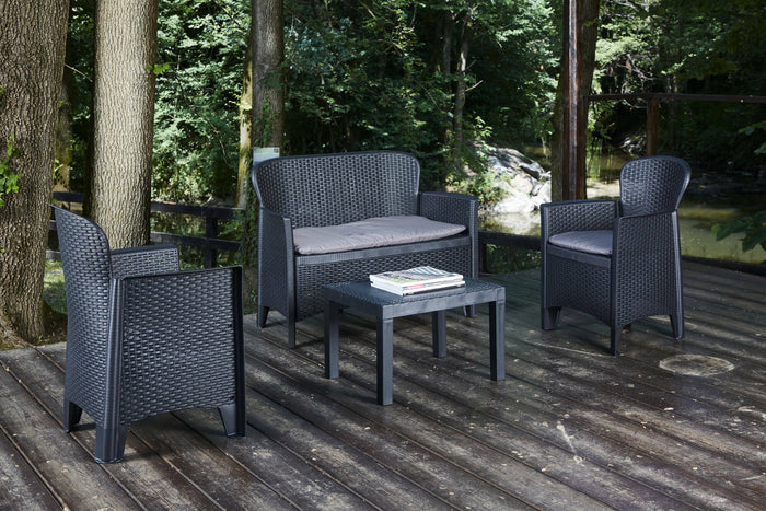 Salottino da esterno Debois, Set da giardino con 2 poltrone, 1 divano ed 1 tavolino, Salottino effetto rattan con cuscini, 100% Made in Italy, Antracite