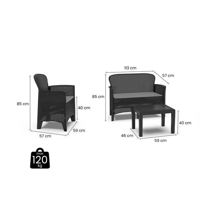 Salottino da esterno Debois, Set da giardino con 2 poltrone, 1 divano ed 1 tavolino, Salottino effetto rattan con cuscini, 100% Made in Italy, Antracite