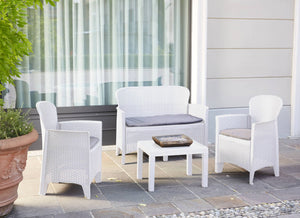 Set salotto da esterno Debois, Set da giardino con 2 poltrone, 1 divano ed 1 tavolino, Salottino effetto rattan con cuscini, 100% Made in Italy, Bianco