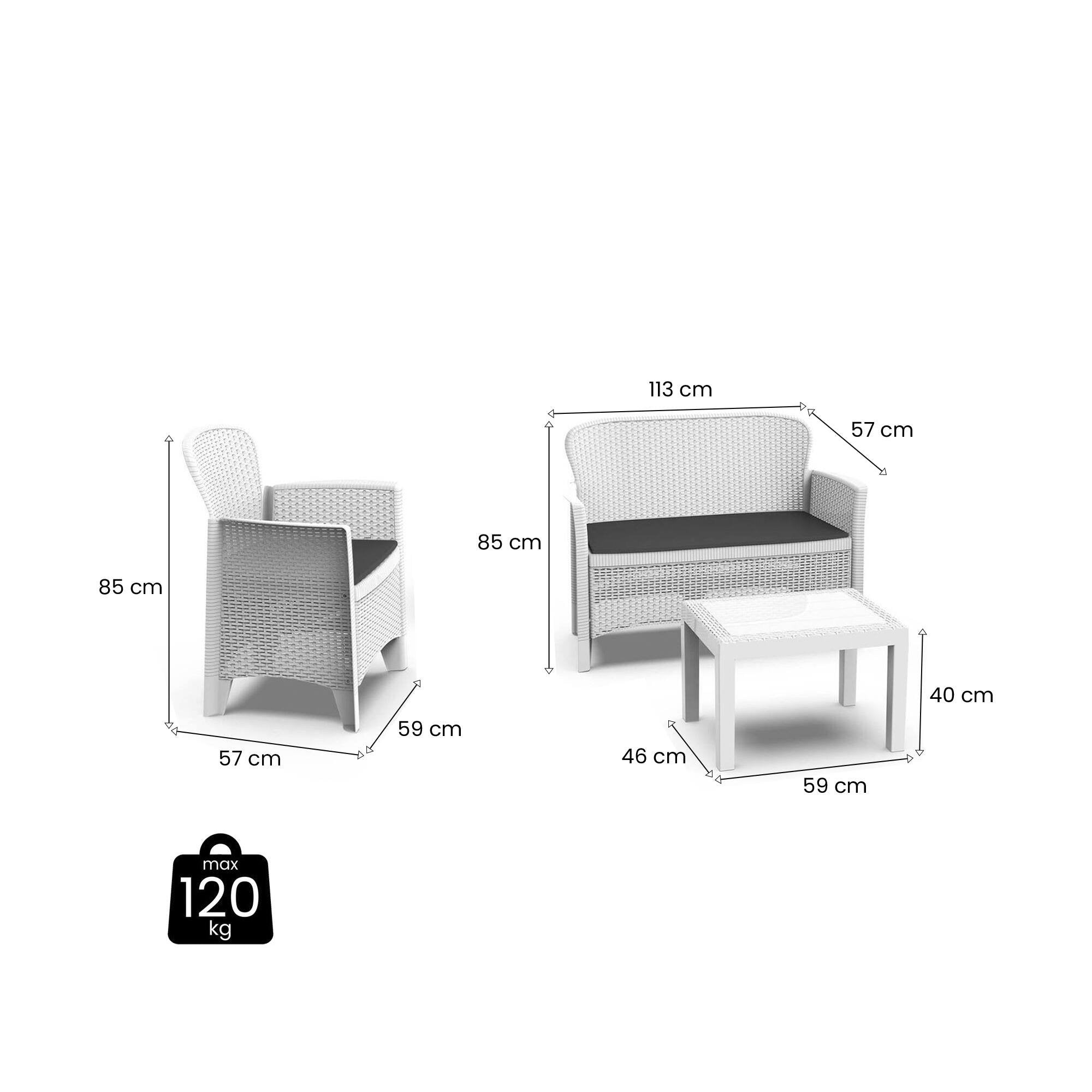 Set salotto da esterno Debois, Set da giardino con 2 poltrone, 1 divano ed 1 tavolino, Salottino effetto rattan con cuscini, 100% Made in Italy, Bianco