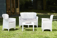 Set salotto da esterno Debois, Set da giardino con 2 poltrone, 1 divano ed 1 tavolino, Salottino effetto rattan con cuscini, 100% Made in Italy, Bianco