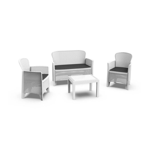 Set salotto da esterno Debois, Set da giardino con 2 poltrone, 1 divano ed 1 tavolino, Salottino effetto rattan con cuscini, 100% Made in Italy, Bianco