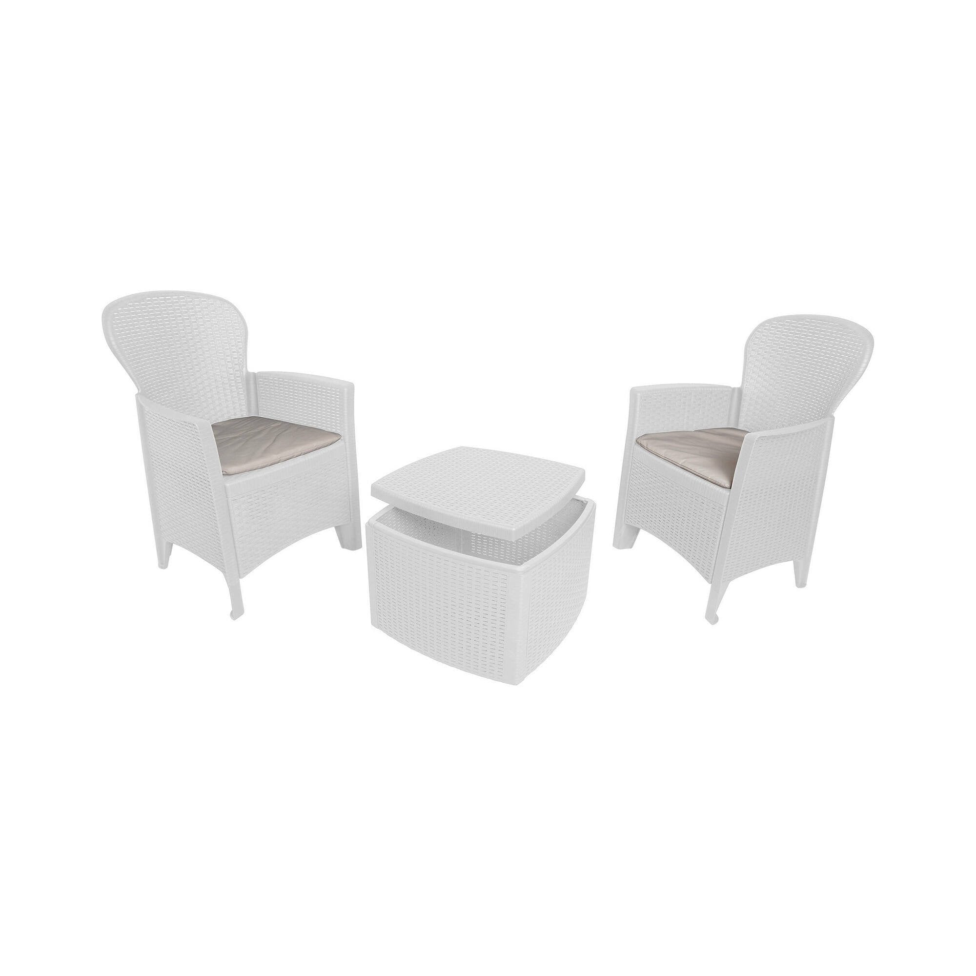 Set salotto da esterno Dakain, Set da giardino con cuscini composto da 2 poltrone, 1 divano e 1 tavolino, Salottino indoor effetto rattan, 100% Made in Italy, Cm 60x58h90, Bianco
