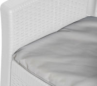 Set salotto da esterno Dakain, Set da giardino con cuscini composto da 2 poltrone, 1 divano e 1 tavolino, Salottino indoor effetto rattan, 100% Made in Italy, Cm 60x58h90, Bianco