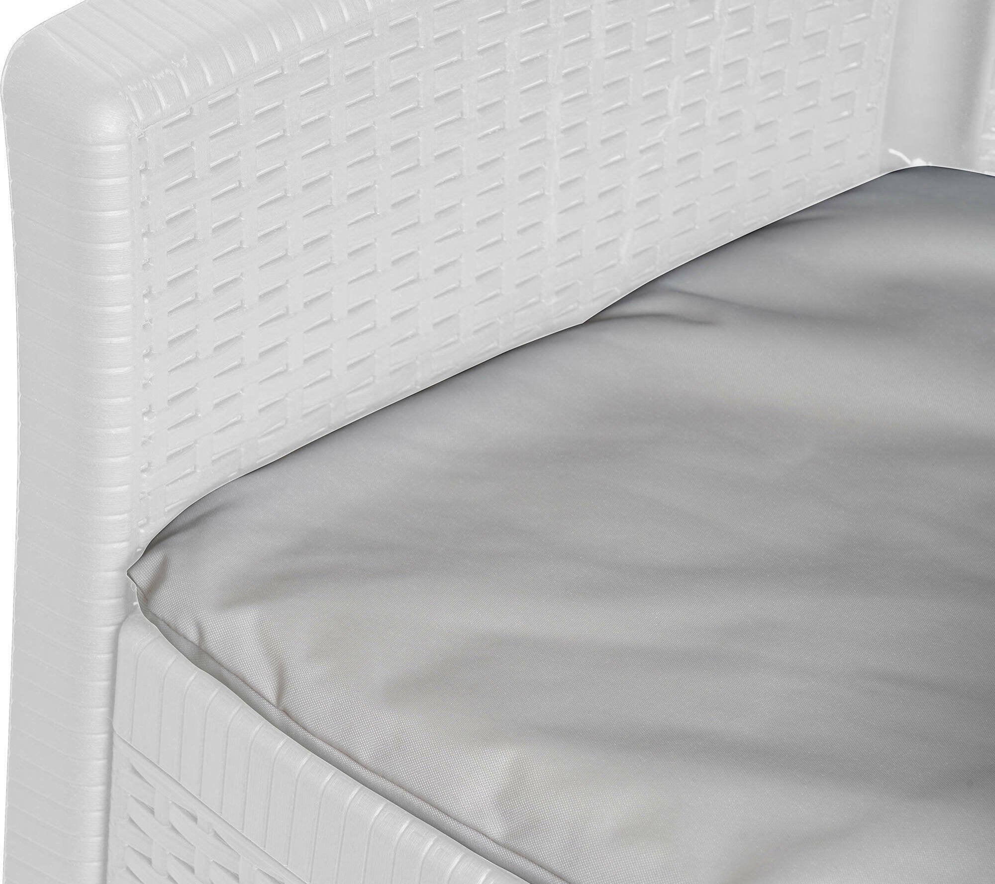 Set salotto da esterno Dakain, Set da giardino con cuscini composto da 2 poltrone, 1 divano e 1 tavolino, Salottino indoor effetto rattan, 100% Made in Italy, Cm 60x58h90, Bianco