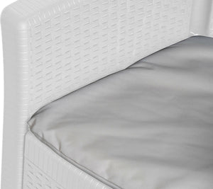 Set salotto da esterno Dakain, Set da giardino con cuscini composto da 2 poltrone, 1 divano e 1 tavolino, Salottino indoor effetto rattan, 100% Made in Italy, Cm 60x58h90, Bianco