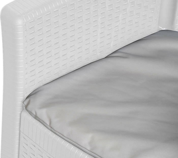 Set salotto da esterno Dakain, Set da giardino con cuscini composto da 2 poltrone, 1 divano e 1 tavolino, Salottino indoor effetto rattan, 100% Made in Italy, Cm 60x58h90, Bianco