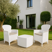 Set salotto da esterno Dakain, Set da giardino con cuscini composto da 2 poltrone, 1 divano e 1 tavolino, Salottino indoor effetto rattan, 100% Made in Italy, Cm 60x58h90, Bianco