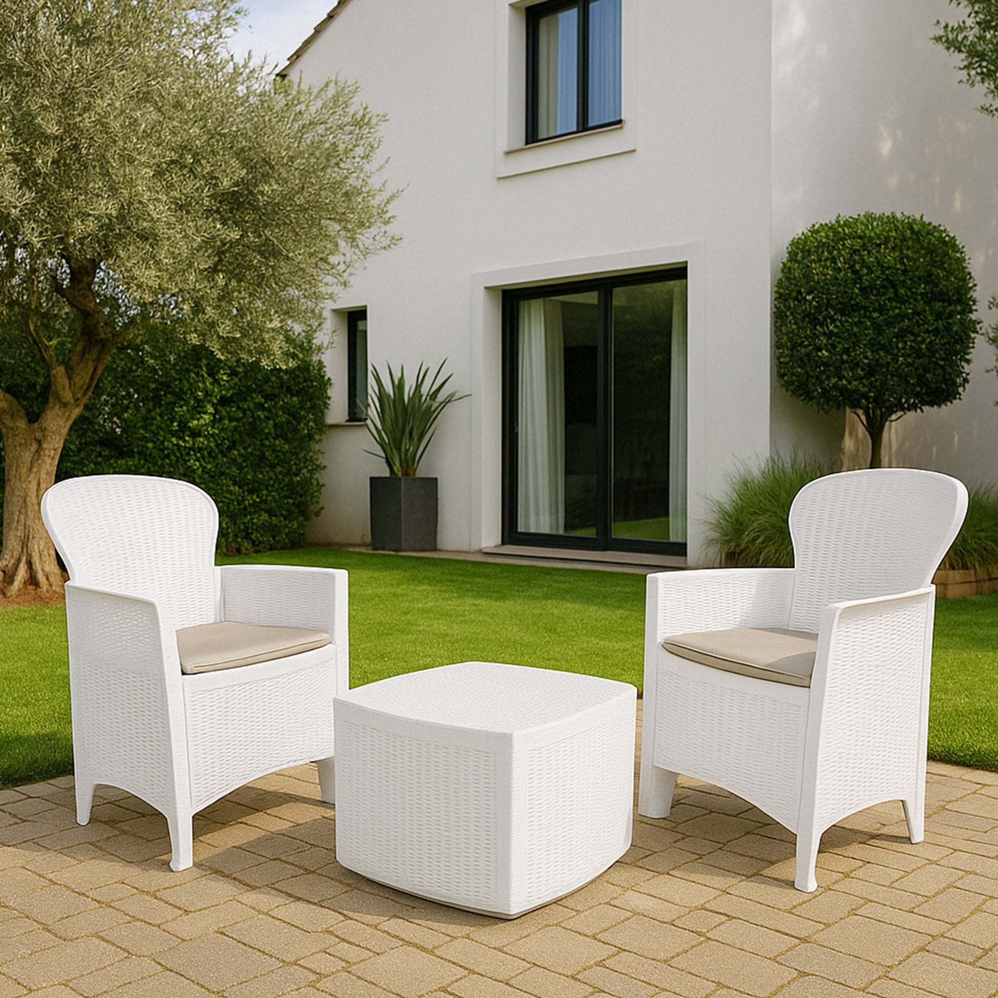 Set salotto da esterno Dakain, Set da giardino con cuscini composto da 2 poltrone, 1 divano e 1 tavolino, Salottino indoor effetto rattan, 100% Made in Italy, Cm 60x58h90, Bianco