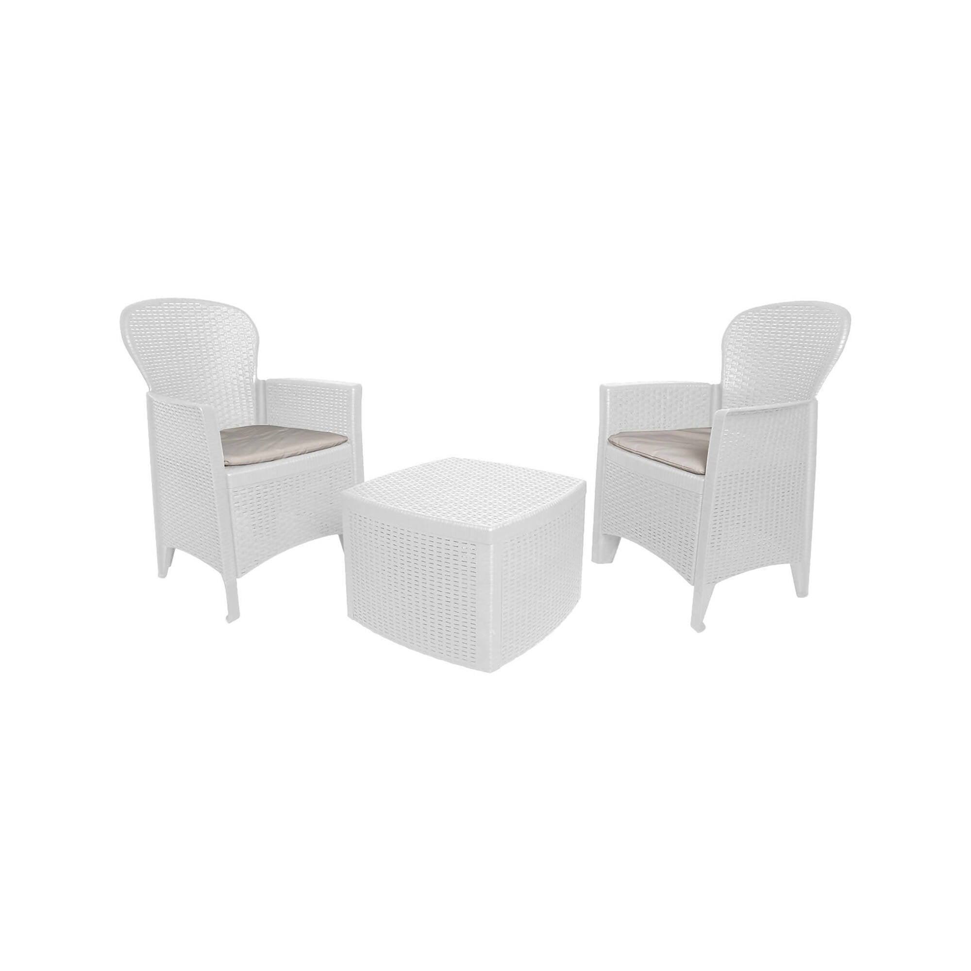 Set salotto da esterno Dakain, Set da giardino con cuscini composto da 2 poltrone, 1 divano e 1 tavolino, Salottino indoor effetto rattan, 100% Made in Italy, Cm 60x58h90, Bianco