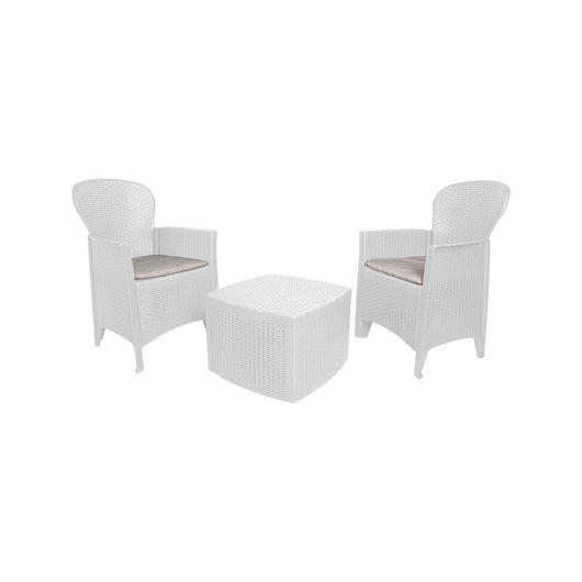 Set salotto da esterno Dakain, Set da giardino con cuscini composto da 2 poltrone, 1 divano e 1 tavolino, Salottino indoor effetto rattan, 100% Made in Italy, Cm 60x58h90, Bianco