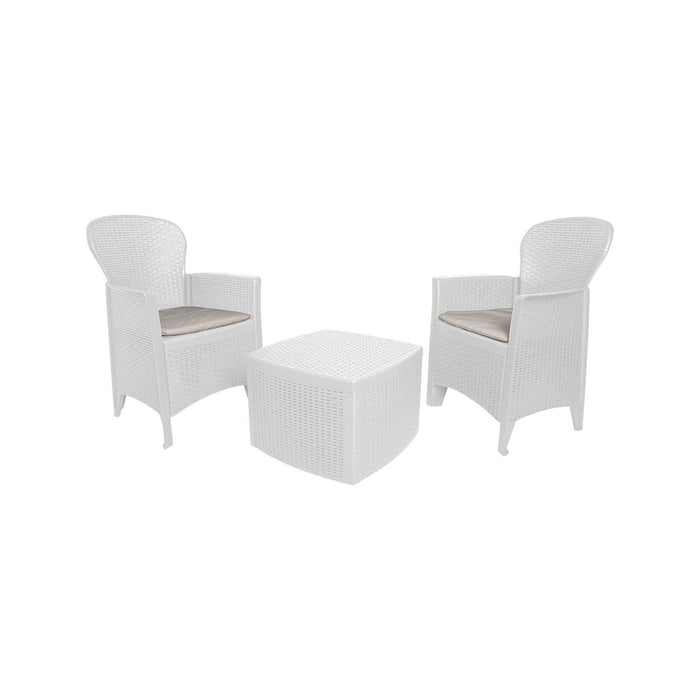 Set salotto da esterno Dakain, Set da giardino con cuscini composto da 2 poltrone, 1 divano e 1 tavolino, Salottino indoor effetto rattan, 100% Made in Italy, Cm 60x58h90, Bianco