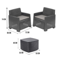 Set salotto da esterno Ari, Composizione da giardino con 2 poltrone e 1 tavolino contenitore, Effetto rattan con cuscini, 100% Made in Italy, Antracite