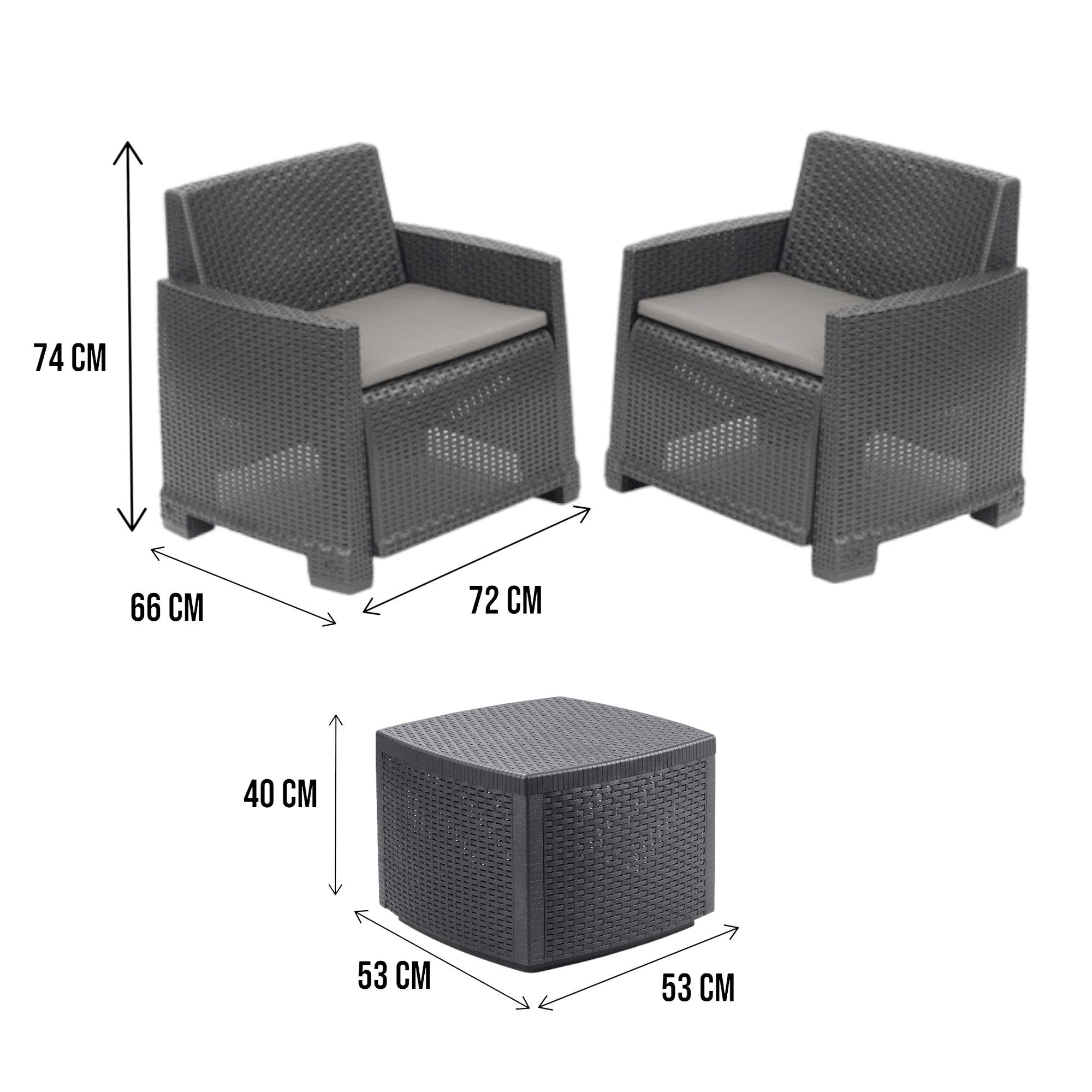 Set salotto da esterno Ari, Composizione da giardino con 2 poltrone e 1 tavolino contenitore, Effetto rattan con cuscini, 100% Made in Italy, Antracite