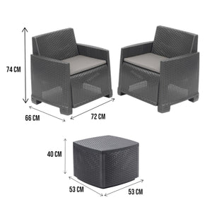 Set salotto da esterno Ari, Composizione da giardino con 2 poltrone e 1 tavolino contenitore, Effetto rattan con cuscini, 100% Made in Italy, Antracite