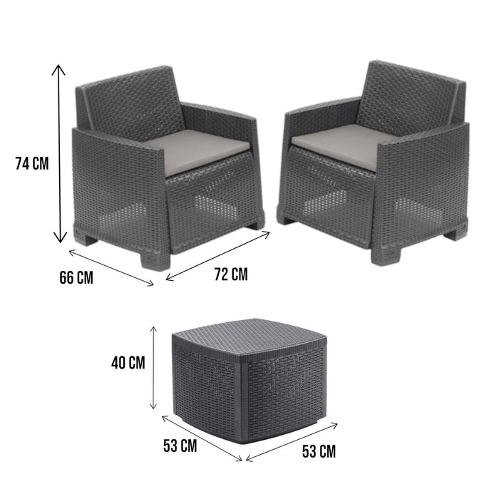 Set salotto da esterno Ari, Composizione da giardino con 2 poltrone e 1 tavolino contenitore, Effetto rattan con cuscini, 100% Made in Italy, Antracite