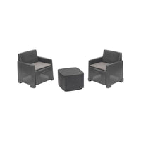 Set salotto da esterno Ari, Composizione da giardino con 2 poltrone e 1 tavolino contenitore, Effetto rattan con cuscini, 100% Made in Italy, Antracite
