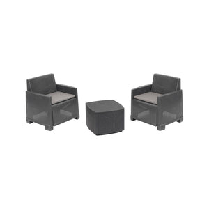 Set salotto da esterno Ari, Composizione da giardino con 2 poltrone e 1 tavolino contenitore, Effetto rattan con cuscini, 100% Made in Italy, Antracite