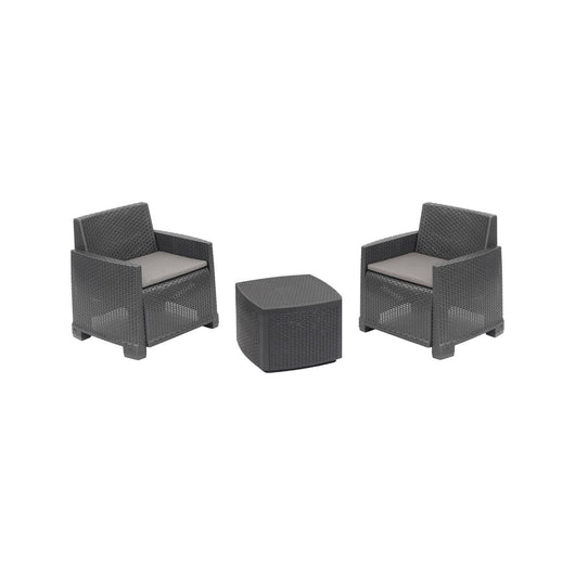 Set salotto da esterno Ari, Composizione da giardino con 2 poltrone e 1 tavolino contenitore, Effetto rattan con cuscini, 100% Made in Italy, Antracite
