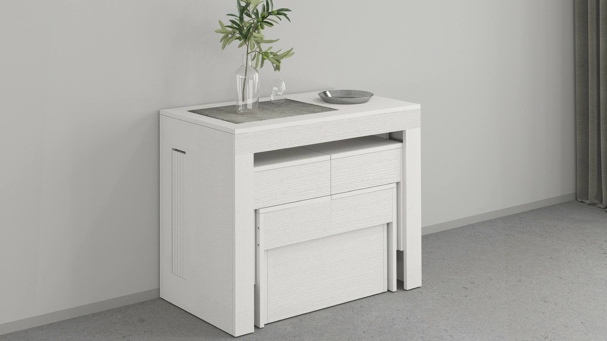 Set tavolo e sedie Auditore, Composizione multiuso, Set con consolle e 2 panche allungabili, 100% Made in Italy, 66x25h45 cm, Bianco