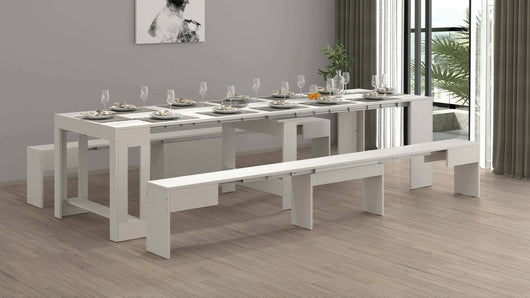 Set tavolo e sedie Auditore, Composizione multiuso, Set con consolle e 2 panche allungabili, 100% Made in Italy, 66x25h45 cm, Bianco