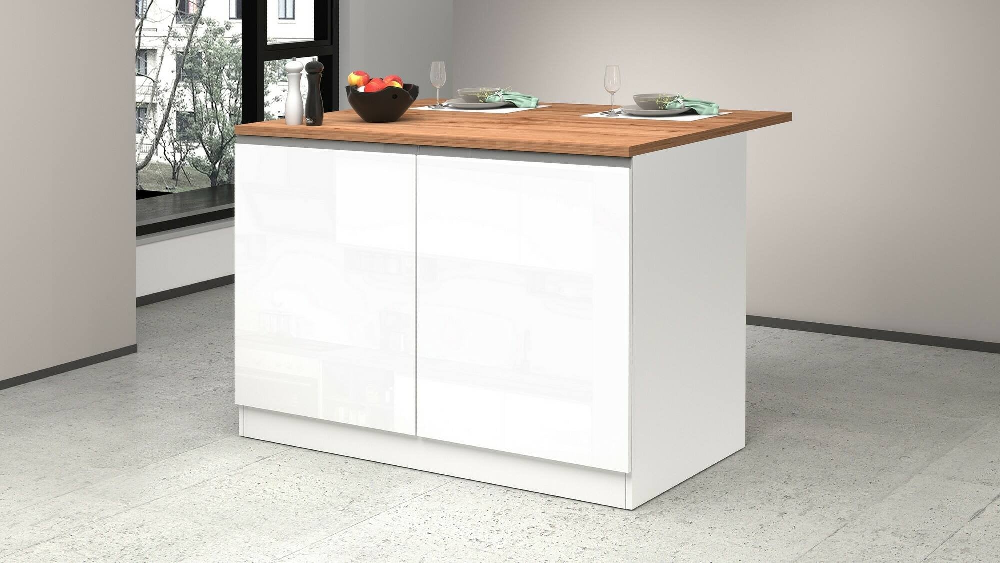 Isola da cucina Analiza, Tavolo ausiliario portaoggetti, Mobile da cucina a 2 ante, 100% Made in Italy, 125x90h90 cm, Bianco lucido e Rovere