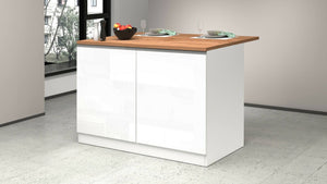 Isola da cucina Analiza, Tavolo ausiliario portaoggetti, Mobile da cucina a 2 ante, 100% Made in Italy, 125x90h90 cm, Bianco lucido e Rovere