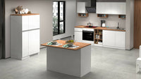 Isola da cucina Analiza, Tavolo ausiliario portaoggetti, Mobile da cucina a 2 ante, 100% Made in Italy, 125x90h90 cm, Bianco lucido e Rovere