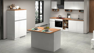 Isola da cucina Analiza, Tavolo ausiliario portaoggetti, Mobile da cucina a 2 ante, 100% Made in Italy, 125x90h90 cm, Bianco lucido e Rovere
