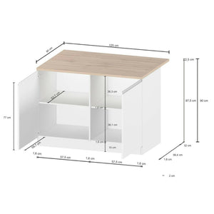 Isola da cucina Analiza, Tavolo ausiliario portaoggetti, Mobile da cucina a 2 ante, 100% Made in Italy, 125x90h90 cm, Bianco lucido e Rovere