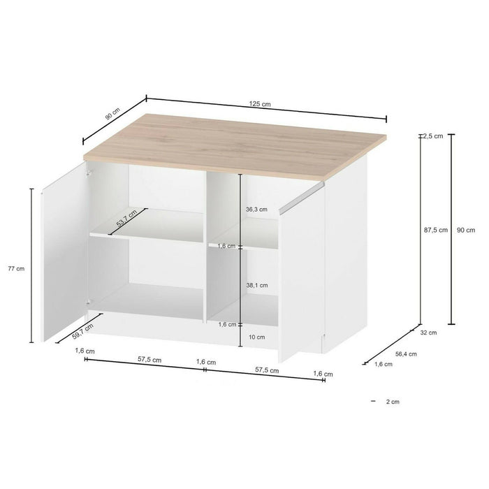 Isola da cucina Analiza, Tavolo ausiliario portaoggetti, Mobile da cucina a 2 ante, 100% Made in Italy, 125x90h90 cm, Bianco lucido e Rovere