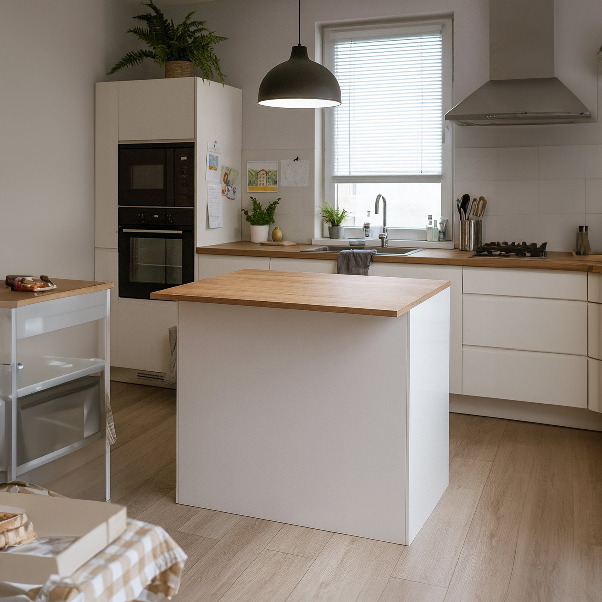 Isola da cucina Analiza, Tavolo ausiliario portaoggetti, Mobile da cucina a 2 ante, 100% Made in Italy, 125x90h90 cm, Bianco lucido e Rovere