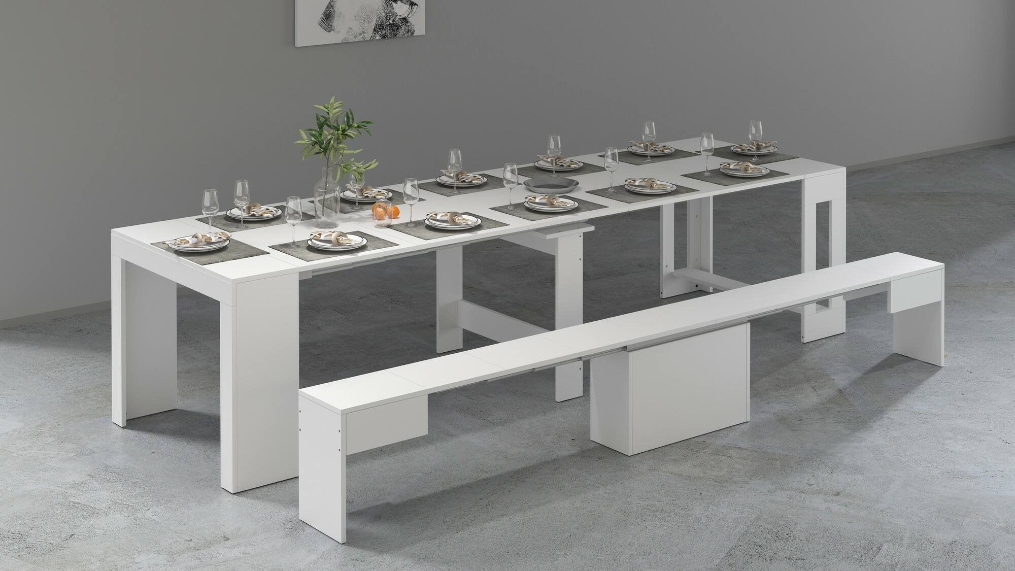 Set tavolo e sedie Badesi, Composizione multiuso, Set con consolle e 1 panca allungabili, 100% Made in Italy, 66x25h45 cm, Bianco lucido