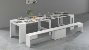 Set tavolo e sedie Badesi, Composizione multiuso, Set con consolle e 1 panca allungabili, 100% Made in Italy, 66x25h45 cm, Bianco lucido