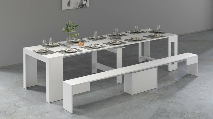 Set tavolo e sedie Badesi, Composizione multiuso, Set con consolle e 1 panca allungabili, 100% Made in Italy, 66x25h45 cm, Bianco lucido