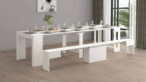 Set tavolo e sedie Badesi, Composizione multiuso, Set con consolle e 1 panca allungabili, 100% Made in Italy, 66x25h45 cm, Bianco lucido