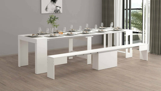 Set tavolo e sedie Badesi, Composizione multiuso, Set con consolle e 1 panca allungabili, 100% Made in Italy, 66x25h45 cm, Bianco lucido