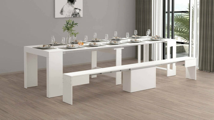 Set tavolo e sedie Badesi, Composizione multiuso, Set con consolle e 1 panca allungabili, 100% Made in Italy, 66x25h45 cm, Bianco lucido
