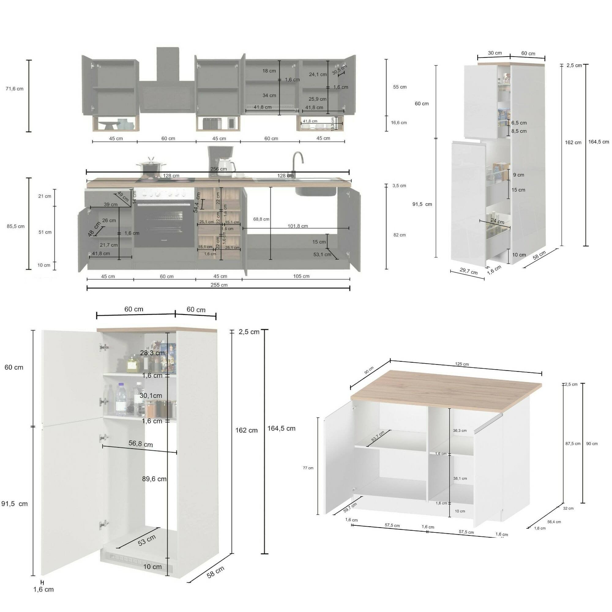 Cucina completa Balme, Set da cucina modulabile, Cucina componibile con piÒ¹ elementi, 100% Made in Italy, Bianco lucido e Ardesia